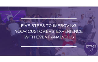 Photo of an event with the text 'Five steps to improving your customers' experience with event analytics'